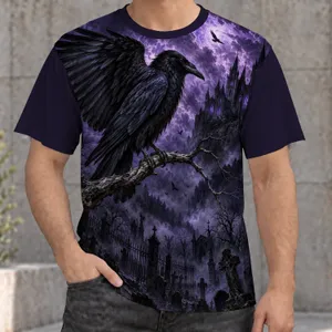 Gothic Raven and Haunted Castle Scene for Dark Fantasy Nights and Autumn Outings All-over Print Unisex T-shirt