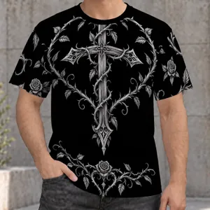 Gothic Thorn Cross and Rose Motif for Dark Alternative Streetwear and Everyday Wear All-over Print Unisex T-shirt