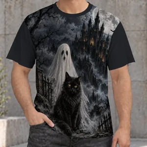 Ghost, Black Cat And Moonlit Castle For Halloween Nighttime Spooky Season All-over Print Unisex T-shirt