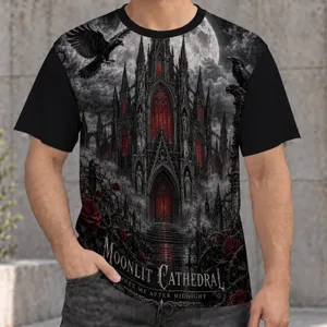 Moonlit Cathedral Raven and Rose Gothic Scene for Halloween Witchy Style Lovers All-over Print Unisex T-shirt
