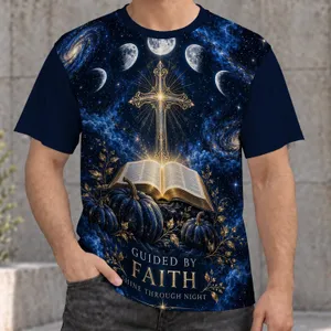 Faith Cross Bible Moon And Pumpkin Night Sky For Christian Halloween Devotion Gift All-over Print Unisex T-shirt