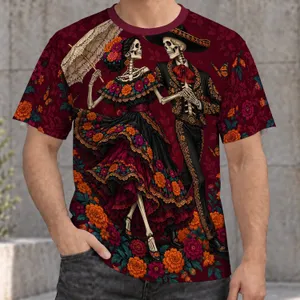 Dancing Skeleton Couple with Marigolds for Day of the Dead and Halloween Celebrations All-over Print Unisex T-shirt
