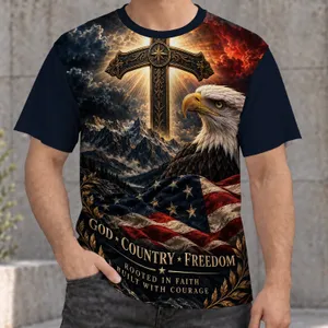 Eagle Cross and Flag Faith Scene for Patriotic Gatherings and Everyday Wear All-over Print Unisex T-shirt