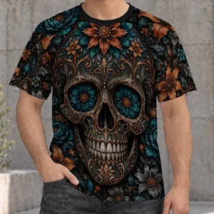 Ornate Floral Sugar Skull with Teal Blooms for Bold Everyday Alternative Style Wear All-over Print Unisex T-shirt