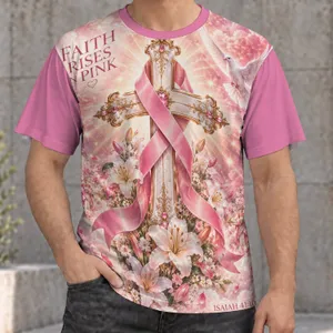 Pink Ribbon Cross and Dove for Breast Cancer Awareness and Christian Hope All-over Print Unisex T-shirt
