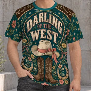 Western Cowgirl Hat and Floral Horseshoes for Country Festivals and Ranch Days All-over Print Unisex T-shirt