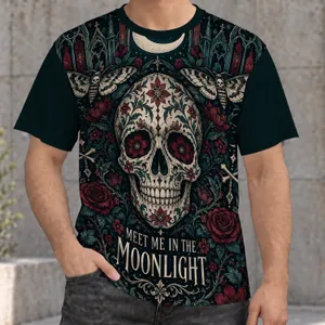 Gothic Sugar Skull and Moonlit Florals for Halloween Nights and Alternative Style All-over Print Unisex T-shirt