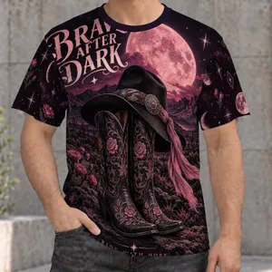 Western Cowboy Boots Beneath a Rose Moon for Halloween Night and Fall Cowgirl Style All-over Print Unisex T-shirt