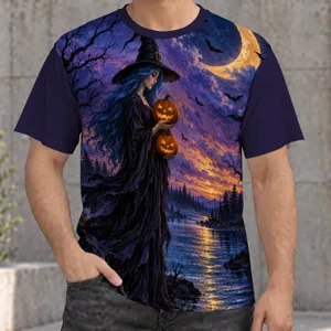 Witch And Glowing Pumpkins Under A Crescent Moon For Halloween Night All-over Print Unisex T-shirt