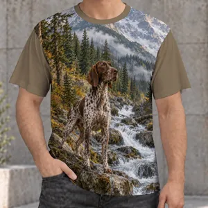 Speckled Hunting Dog and Alpine Forest Stream for Relaxed Weekend Nature Getaways All-over Print Unisex T-shirt