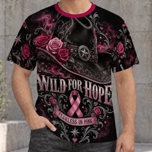 Western Rose Cowboy Hat and Pink Ribbon for Breast Cancer Awareness Gift for Her Support All-over Print Unisex T-shirt