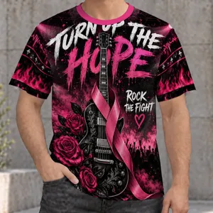 Pink Ribbon Guitar And Roses For Breast Cancer Awareness Rock Music Support All-over Print Unisex T-shirt
