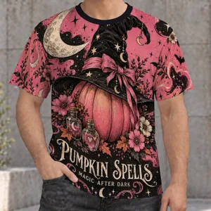 Pink Pumpkin Witch Hat and Potion Bottles for Halloween Night, Spooky Fall Style All-over Print Unisex T-shirt