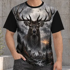 Majestic Stag in a Misty Pine Forest for Woodland Weekends and Outdoor Escapes All-over Print Unisex T-shirt