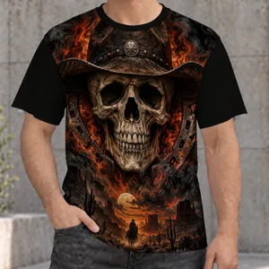 Flames Western landscape Fiery Cowboy Skull and Desert Rider for Western Nights, Ranch All-over Print Unisex T-shirt
