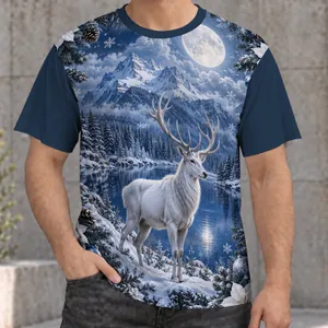Moonlit Snow Deer and Poinsettias for Cozy Christmas Winter Celebrations at Home All-over Print Unisex T-shirt