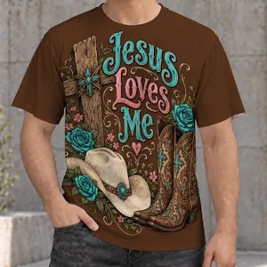 Jesus Loves Me Western Boots and Floral Cross for Country Faith and Everyday Wear All-over Print Unisex T-shirt