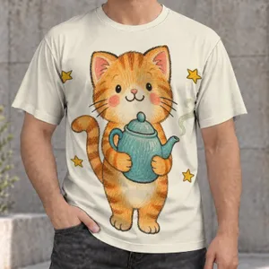 Orange Cat Holding Teapot With Stars for Cozy Everyday Wear and Cat Lovers All-over Print Unisex T-shirt