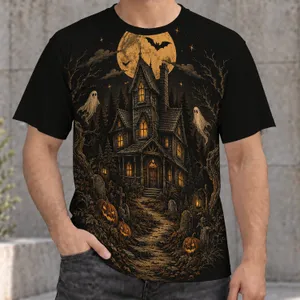 Haunted House Moonlit Pumpkin Scene for Halloween Nights and Autumn Gatherings for Teens All-over Print Unisex T-shirt