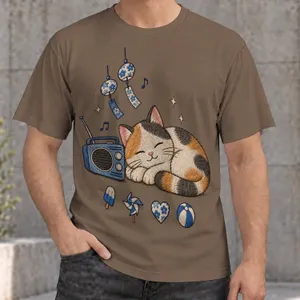 Sleeping Calico Cat With Retro Radio for Cozy Summer Days and Everyday Cat Lovers All-over Print Unisex T-shirt