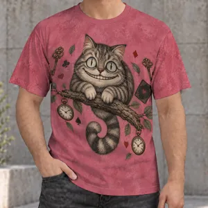 Grinning Tabby Cat with Pocket Watch and Keys for Whimsical Everyday Wear All-over Print Unisex T-shirt