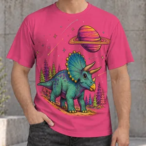 Horned Dinosaur and Ringed Planet Scene for Everyday Space Adventure Fans All-over Print Unisex T-shirt