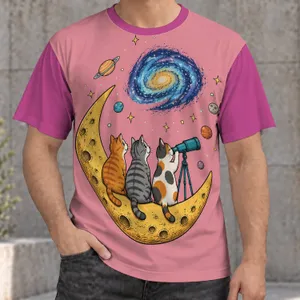 Cats Watching a Spiral Galaxy Beneath Moonlight for Cozy Stargazing with Cat Lovers All-over Print Unisex T-shirt