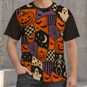 Pumpkin Bat Ghost Patchwork for Halloween Parties and Autumn Festivities All-over Print Unisex T-shirt