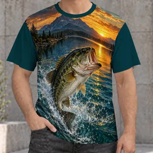 Largemouth Bass at Sunset with Mountain Lake Scenery for Outdoor Anglers and Lake Lovers All-over Print Unisex T-shirt