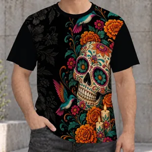 Sugar Skull, Marigold Flowers and Hummingbirds for Día de Muertos Celebrations All-over Print Unisex T-shirt