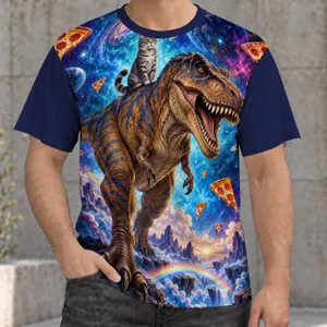 Dinosaur Cat and Pizza Space Scene for Playful Party Style and Everyday Wear All-over Print Unisex T-shirt