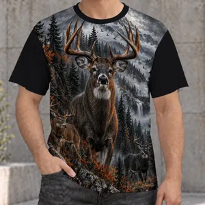 Majestic Deer and Misty Forest Scene for Hiking, Camping and Outdoor Adventures All-over Print Unisex T-shirt