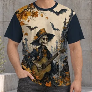 Skeleton Guitarists, Bats and Autumn Leaves for Halloween Night Celebrations All-over Print Unisex T-shirt