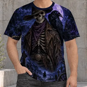 Gothic Skeleton Cowboy and Raven for Dark Western Halloween Nights and Outings All-over Print Unisex T-shirt