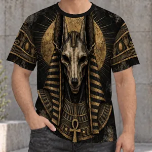 Jackal-Headed Egyptian Deity with Golden Halo for Dark Mythic Evenings and Festivals All-over Print Unisex T-shirt