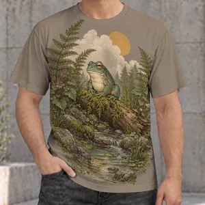 Frog in Ferns Woodland Pond Scene for Nature Walks and Relaxed Weekend Wear All-over Print Unisex T-shirt