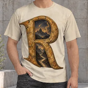 Antique Stone Letter R with Mountain Vista for Everyday Casual and Outdoor Wear All-over Print Unisex T-shirt