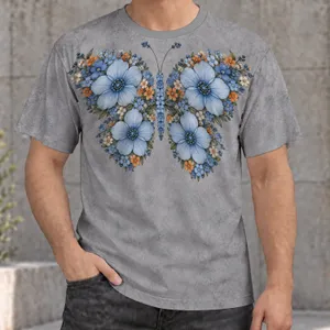 Blue Floral Butterfly with Soft Gray Tones for Everyday Casual Style All-over Print Unisex T-shirt
