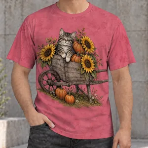 Tabby Cat Sunflowers and Pumpkins for Cozy Autumn Harvest Days All-over Print Unisex T-shirt