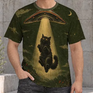 Vintage UFO Abduction Cat Art for Retro Casual Outings and Everyday Wear All-over Print Unisex T-shirt