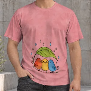 Three Cute Birds Beneath a Leaf in the Rain for Everyday Casual Wear All-over Print Unisex T-shirt