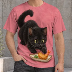 Black Kitten Chasing Crispy Shrimp for Playful Everyday Cat Lover Style All-over Print Unisex T-shirt