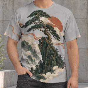Bonsai Pine and Rising Sun Scenic Art for Everyday Wear and Outdoor Adventures All-over Print Unisex T-shirt