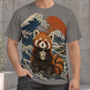 Red Panda Sipping Tea by Fuji Waves for Cozy Everyday Outings and Relaxed Weekends All-over Print Unisex T-shirt
