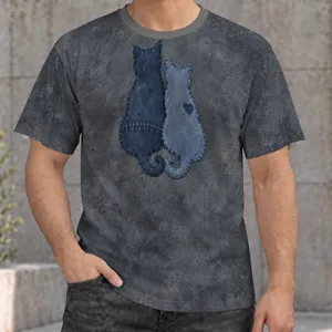 Two Blue Denim Cats With Heart Motif for Casual Everyday Wear and Cat Lovers of All Ages All-over Print Unisex T-shirt