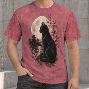 Black Cat Moon Cherry Blossoms for Cozy Everyday Outings and Relaxed Weekends All-over Print Unisex T-shirt