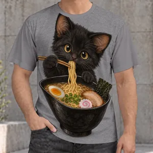 Black Kitten Eating Ramen for Cozy Everyday Style and Casual Food Lovers All-over Print Unisex T-shirt