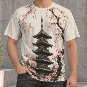 Japanese Pagoda and Cherry Blossoms for Calm Everyday Streetwear and Culture Lovers All-over Print Unisex T-shirt