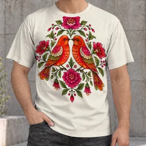 Folk Art Lovebirds and Wildflowers for Everyday Bohemian Style and Nature-Loving Teens All-over Print Unisex T-shirt