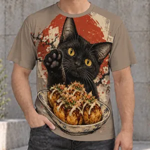 Black Cat With Takoyaki Japanese Street Food for Casual Days and Everyday Cat Lovers All-over Print Unisex T-shirt